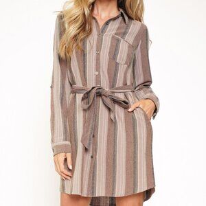 MYSTREE Striped Button Down Shirt Dress w/ Belt Neutral Brown Beige